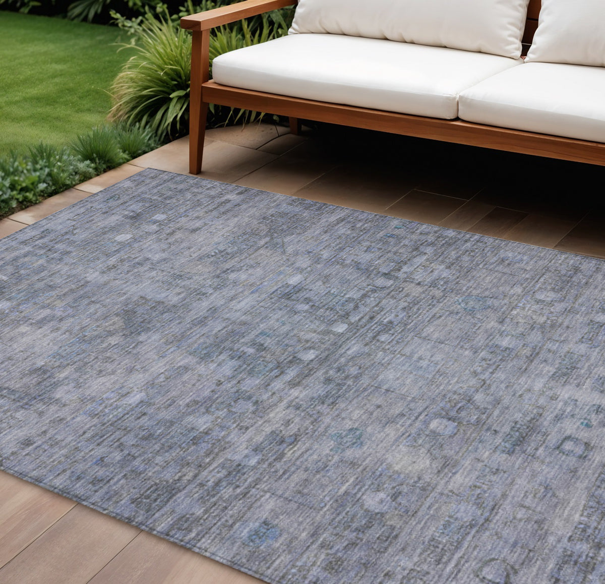 8 X 10 Blue And Gray Geometric Washable Indoor Outdoor Area Rug