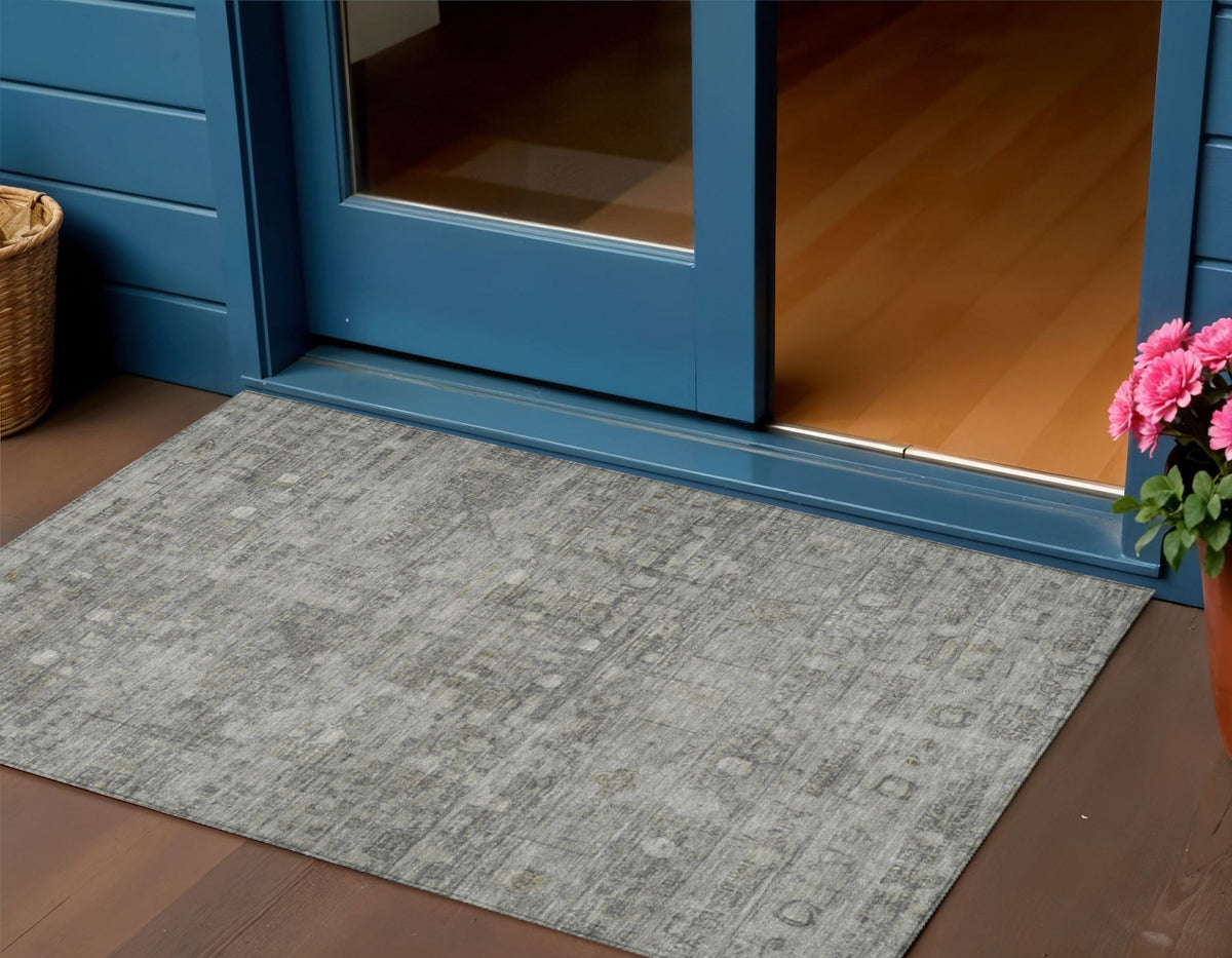 3 X 5 Pewter And Gray Geometric Washable Indoor Outdoor Area Rug