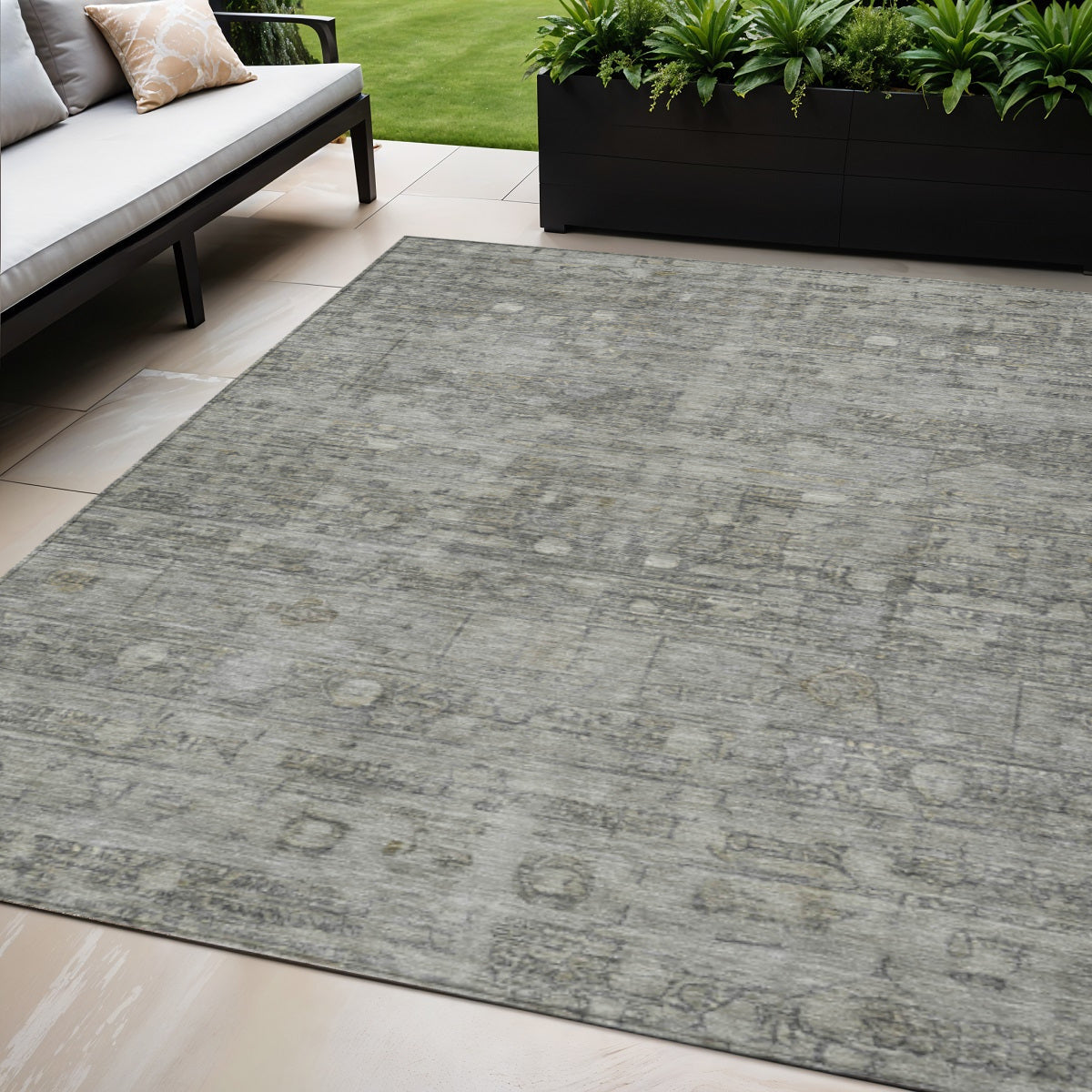 5 X 8 Pewter And Gray Geometric Washable Indoor Outdoor Area Rug