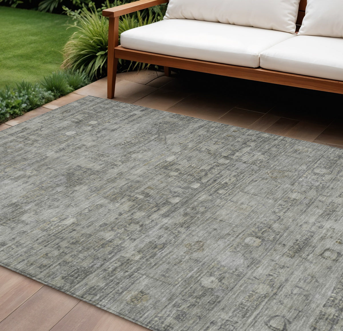 9 X 12 Pewter And Gray Geometric Washable Indoor Outdoor Area Rug