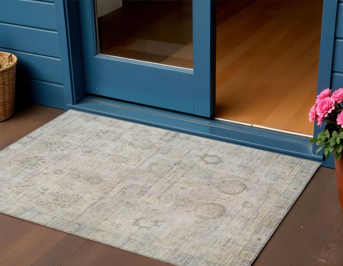 3 X 5 Linen And Gray Tribal Washable Indoor Outdoor Area Rug