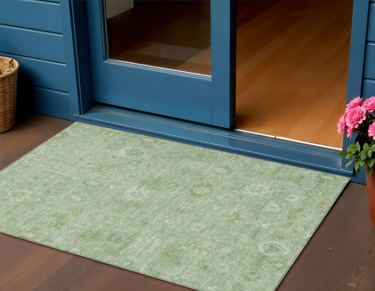 3 X 5 Artichoke Green Ivory And Mint Green Damask Washable Indoor Outdoor Area Rug