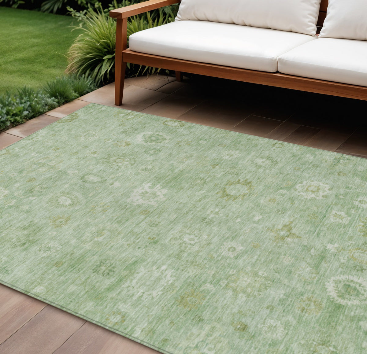 10 X 14 Artichoke Green Ivory And Mint Green Damask Washable Indoor Outdoor Area Rug