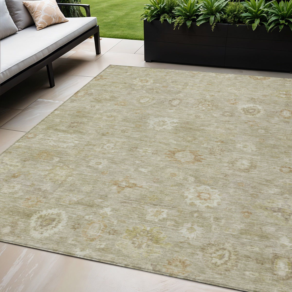 5 X 8 Beige Tan And Ivory Damask Washable Indoor Outdoor Area Rug