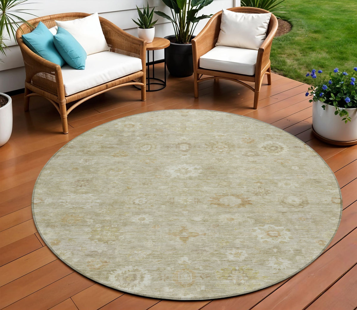8 Beige Tan And Ivory Round Damask Washable Indoor Outdoor Area Rug