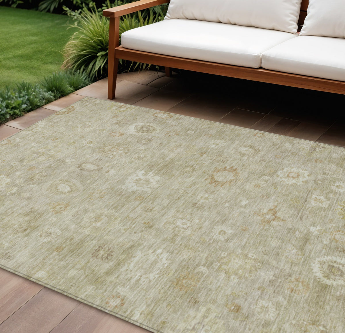 10 X 14 Beige Tan And Ivory Damask Washable Indoor Outdoor Area Rug