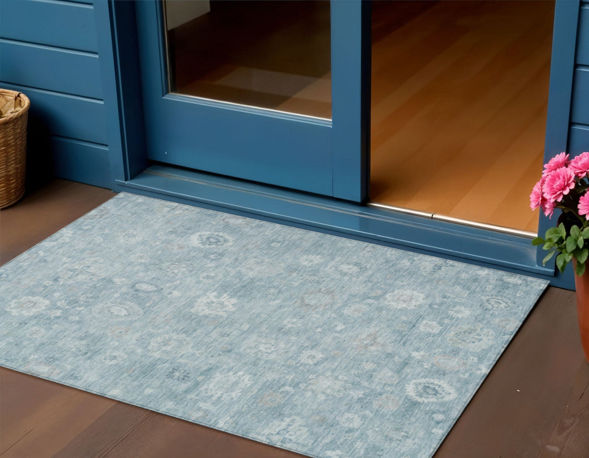 3 X 5 Blue Ivory And Gray Damask Washable Indoor Outdoor Area Rug