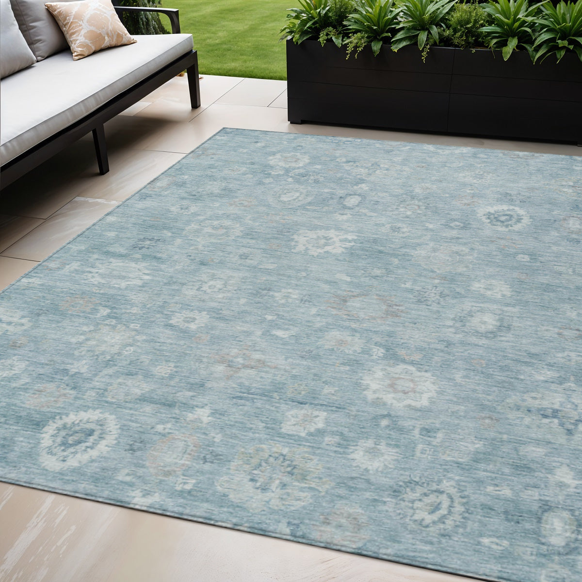 5 X 8 Blue Ivory And Gray Damask Washable Indoor Outdoor Area Rug