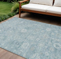 9 X 12 Blue Ivory And Gray Damask Washable Indoor Outdoor Area Rug
