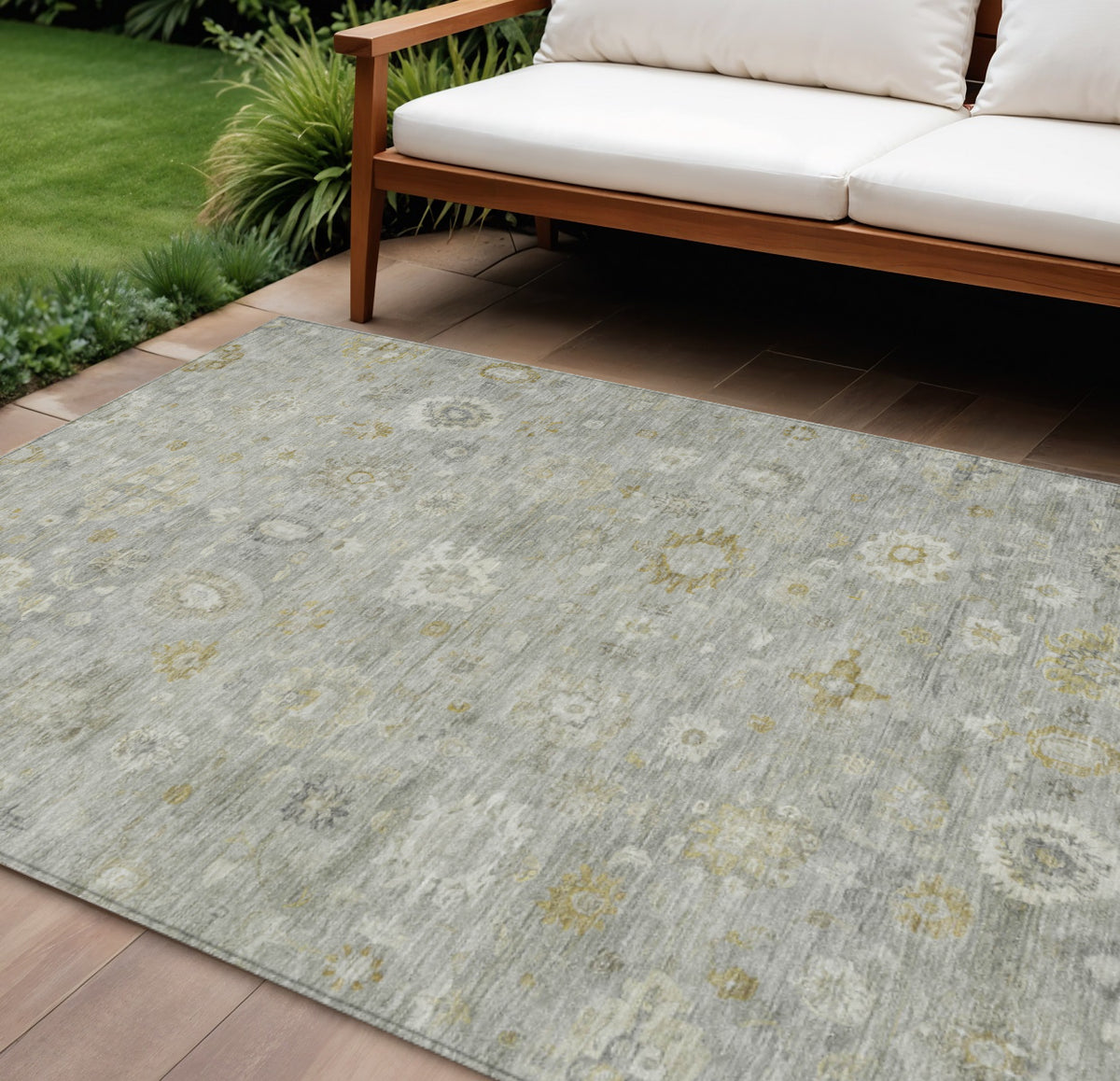9 X 12 Gray Ivory And Gold Damask Washable Indoor Outdoor Area Rug
