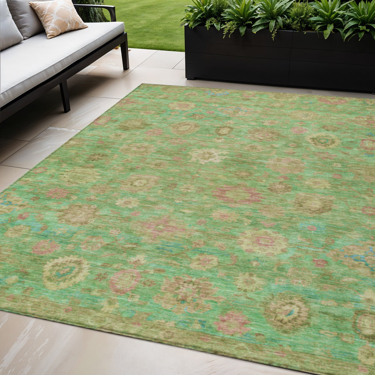 5 X 8 Lime Green Pink And Teal Blue Damask Washable Indoor Outdoor Area Rug