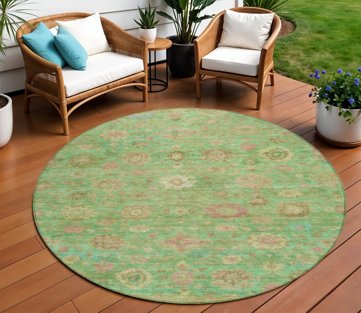 8 Lime Green Pink And Teal Blue Round Damask Washable Indoor Outdoor Area Rug