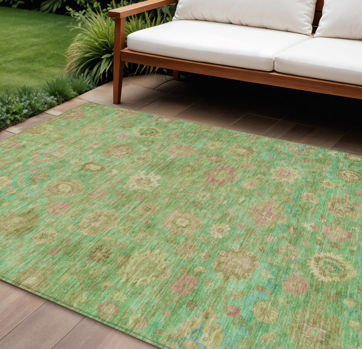 8 X 10 Lime Green Pink And Teal Blue Damask Washable Indoor Outdoor Area Rug