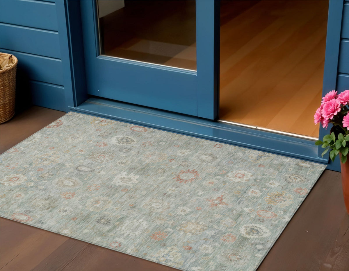 3 X 5 Sage Copper And Ivory Damask Washable Indoor Outdoor Area Rug