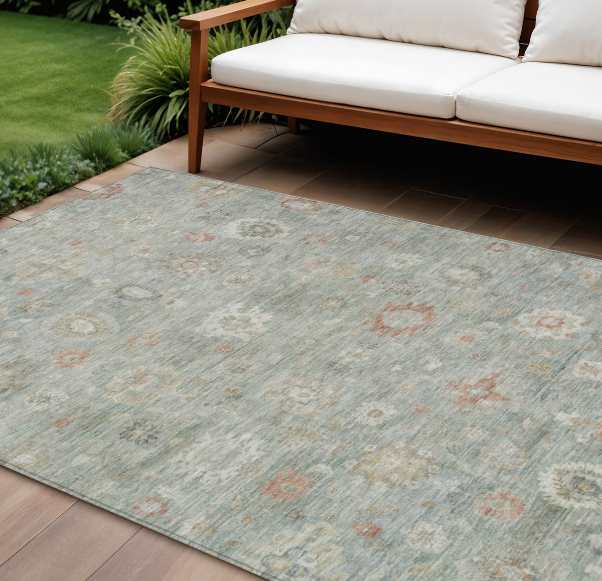 10 X 14 Sage Copper And Ivory Damask Washable Indoor Outdoor Area Rug