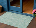 3 X 5 Teal Blue Ivory And Tan Damask Washable Indoor Outdoor Area Rug