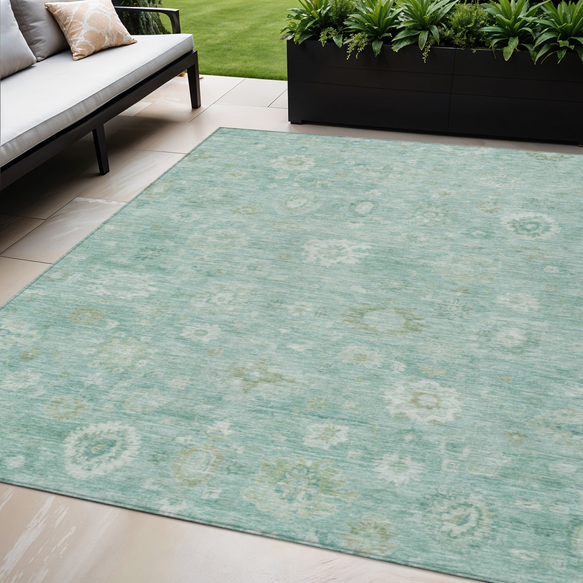 5 X 8 Teal Blue Ivory And Tan Damask Washable Indoor Outdoor Area Rug
