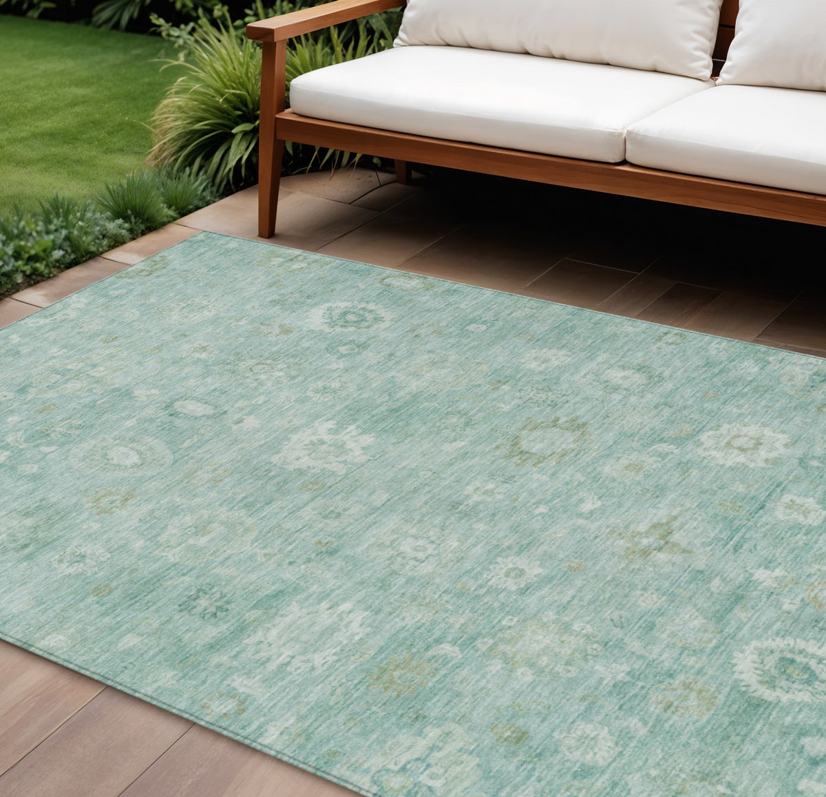 9 X 12 Teal Blue Ivory And Tan Damask Washable Indoor Outdoor Area Rug