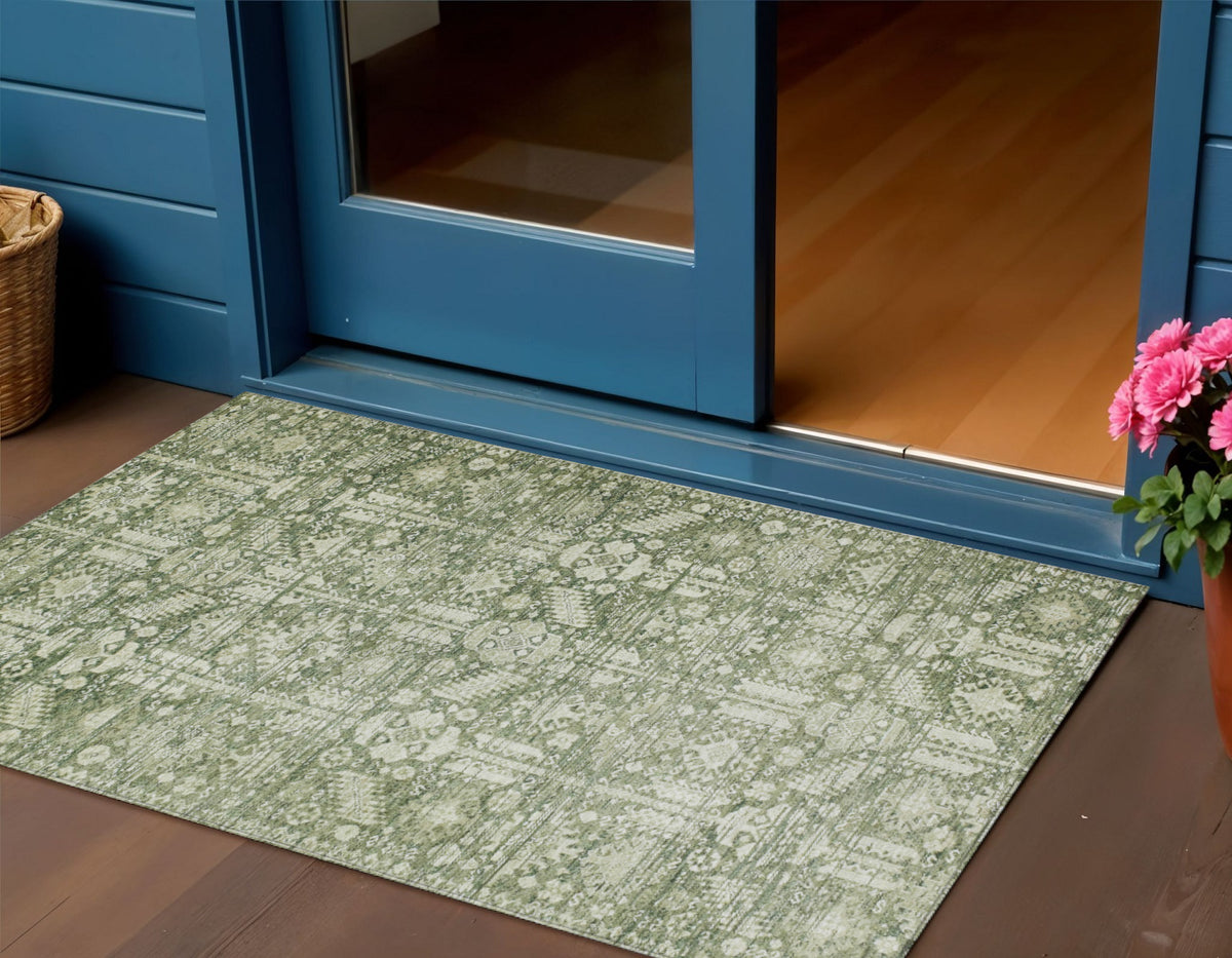 3 X 5 Artichoke Green And Ivory Tribal Washable Indoor Outdoor Area Rug
