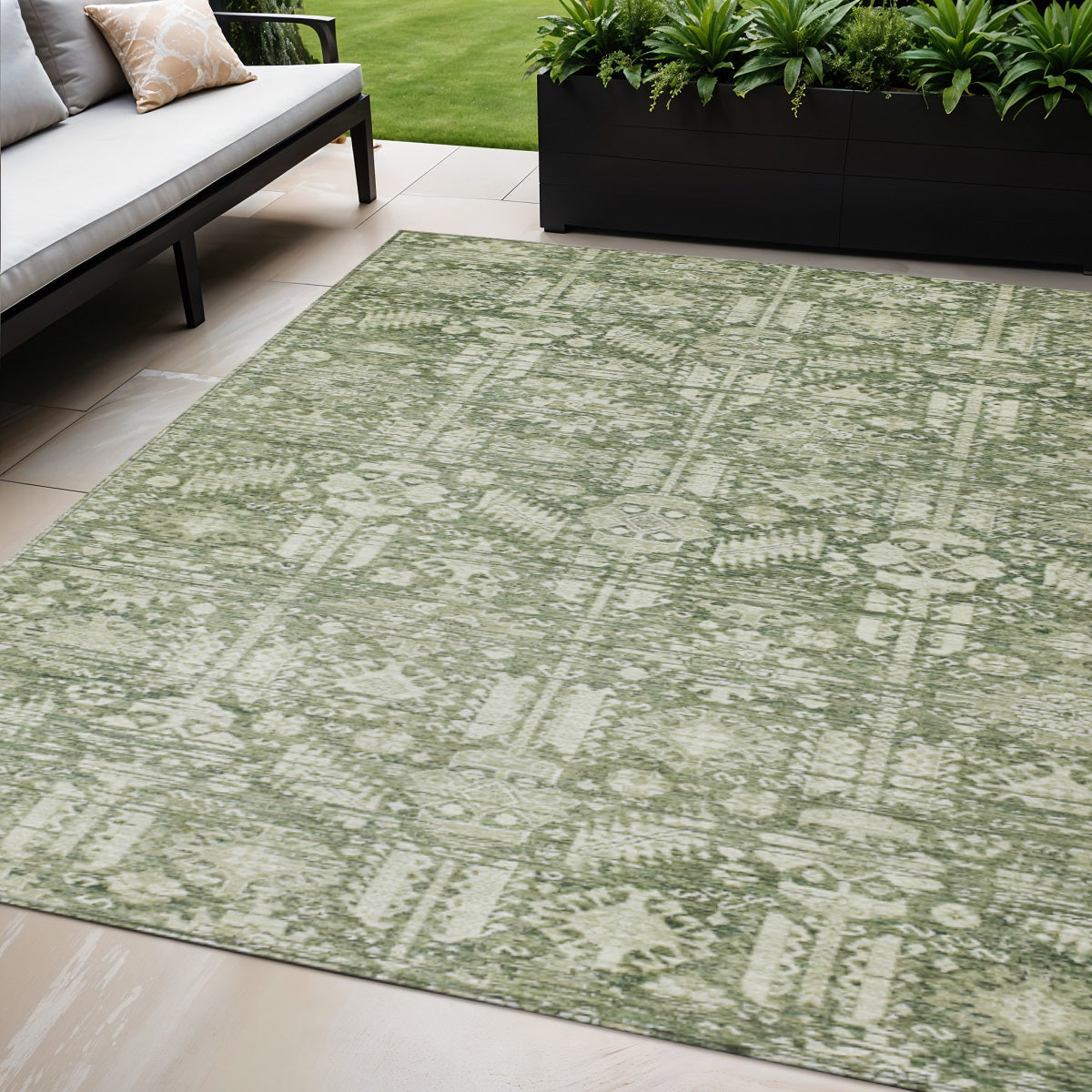 5 X 8 Artichoke Green And Ivory Tribal Washable Indoor Outdoor Area Rug