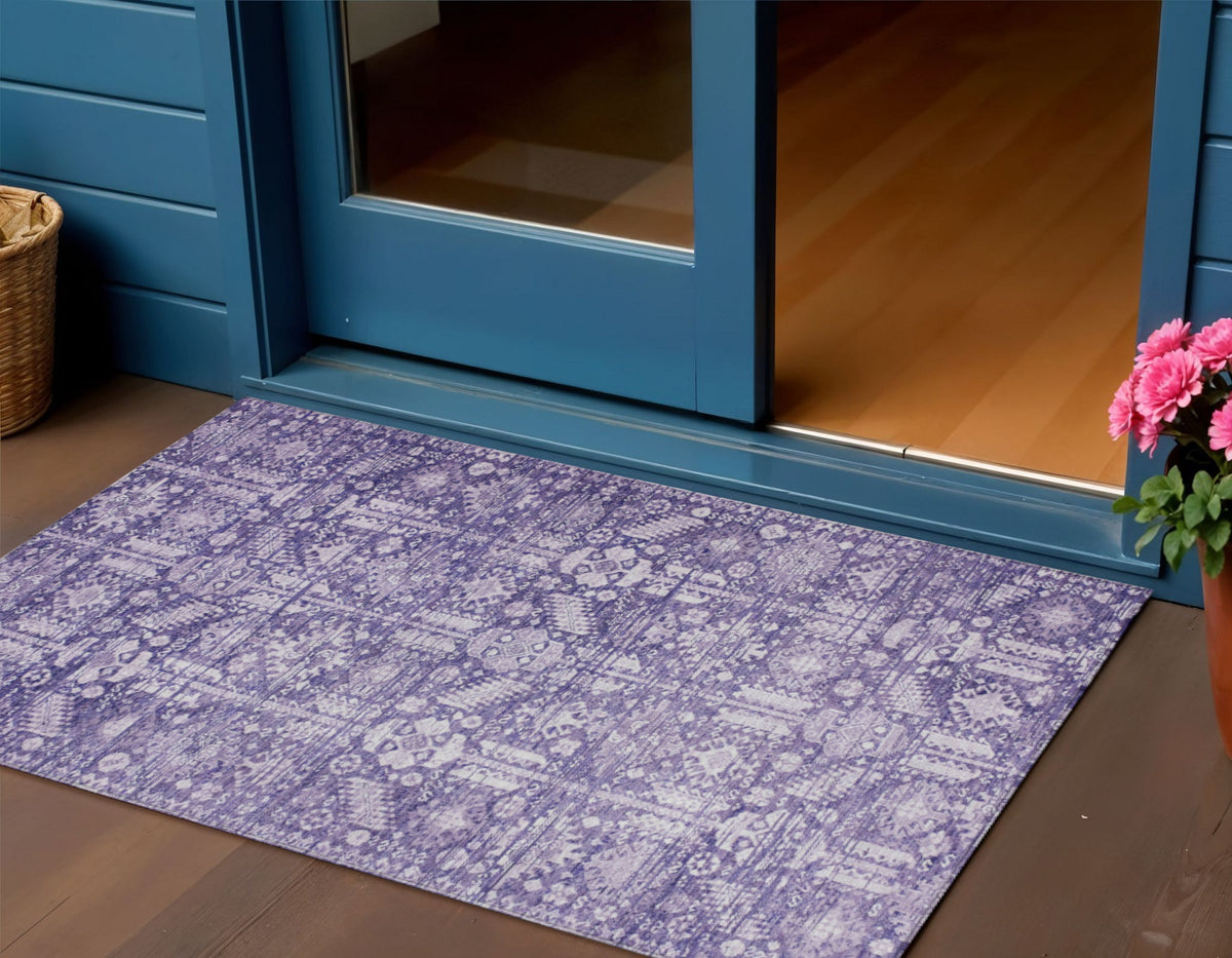 3 X 5 Purple And Ivory Tribal Washable Indoor Outdoor Area Rug
