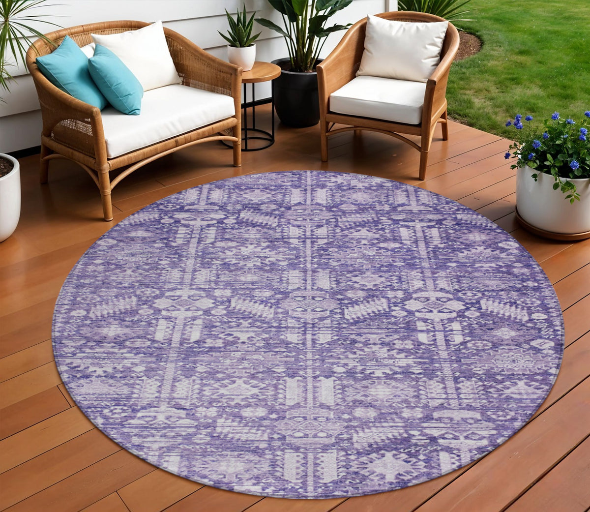 8 Purple And Ivory Round Tribal Washable Indoor Outdoor Area Rug