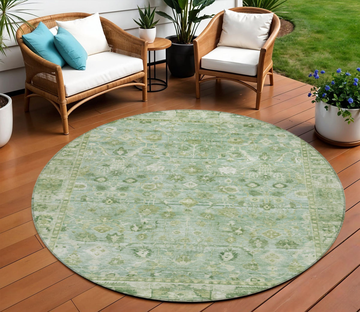 8 Artichoke Green Ivory And Beige Round Oriental Washable Indoor Outdoor Area Rug