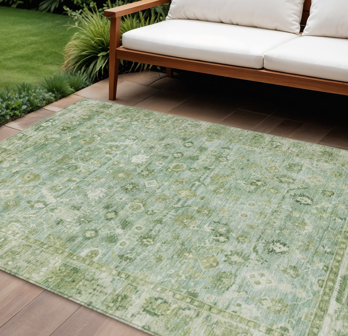 10 X 14 Artichoke Green Ivory And Beige Oriental Washable Indoor Outdoor Area Rug