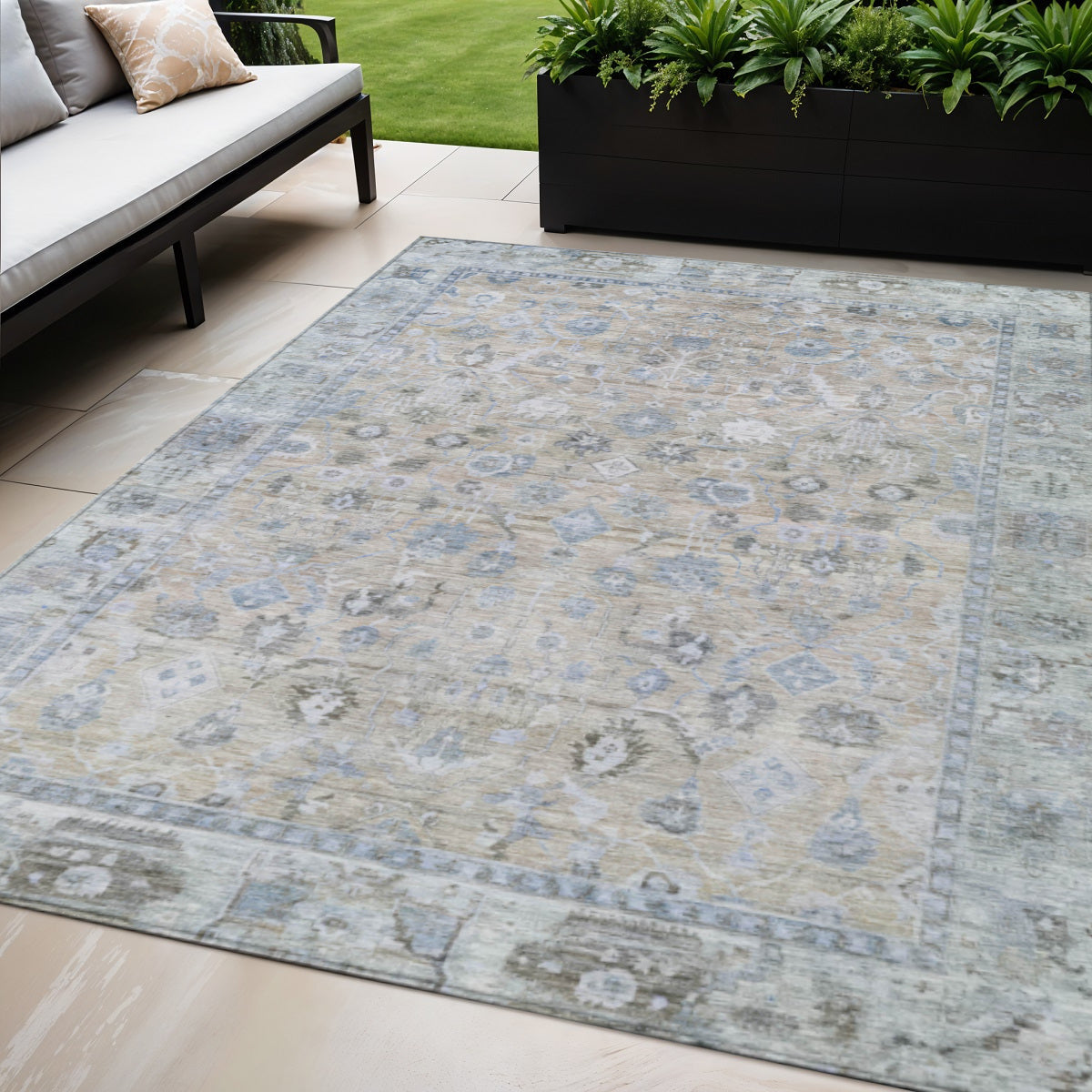 5 X 8 Beige Blue And Ivory Oriental Washable Indoor Outdoor Area Rug
