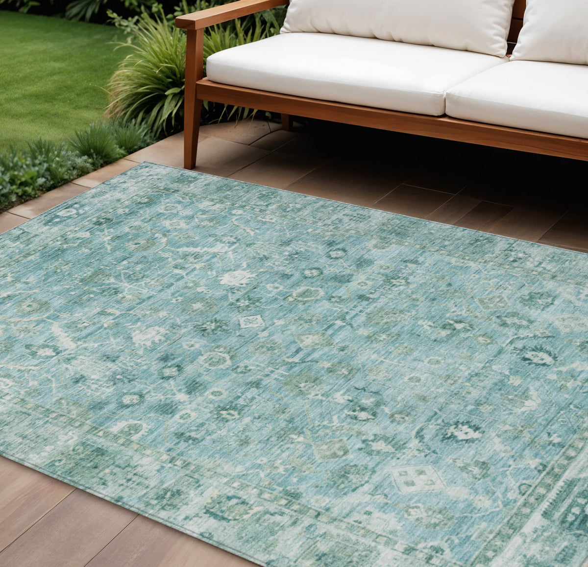 8 X 10 Blue Gray And Ivory Oriental Washable Indoor Outdoor Area Rug