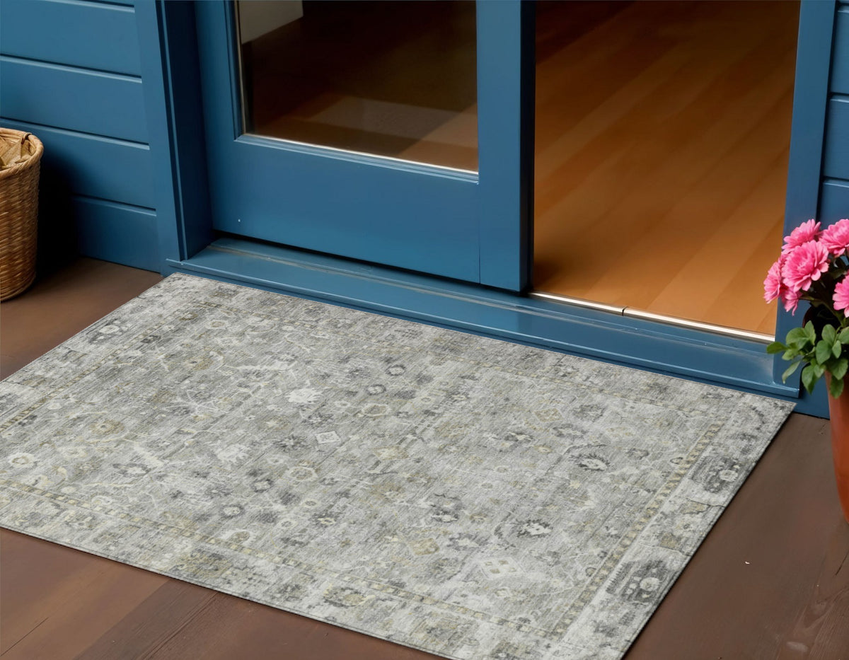 3 X 5 Pewter Beige And Ivory Oriental Washable Indoor Outdoor Area Rug