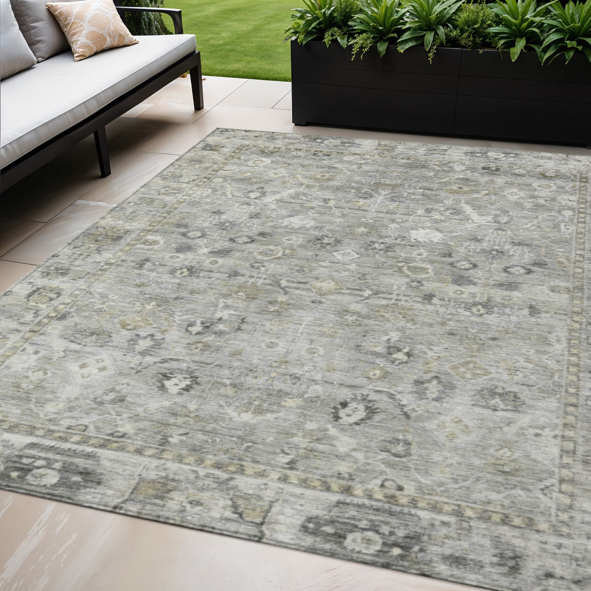 5 X 8 Pewter Beige And Ivory Oriental Washable Indoor Outdoor Area Rug