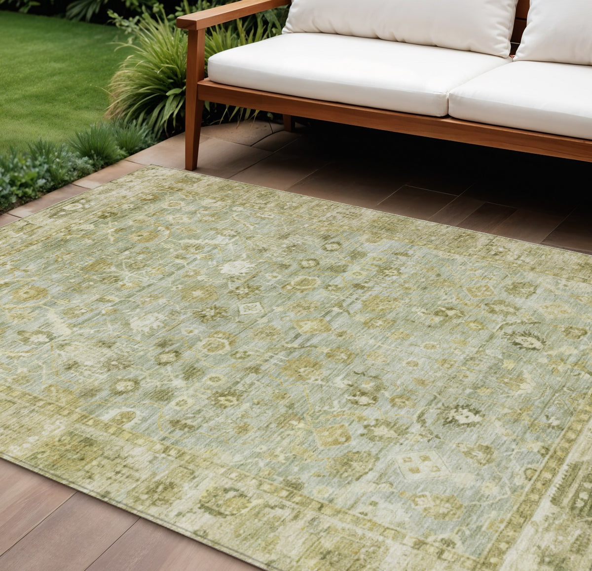 8 X 10 Sage And Ivory Oriental Washable Indoor Outdoor Area Rug