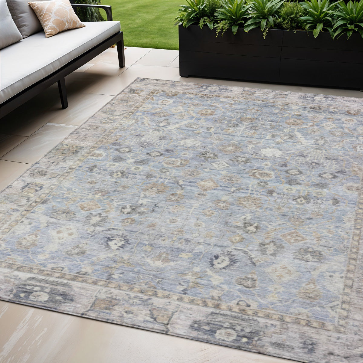5 X 8 Sky Blue Brown And Ivory Oriental Washable Indoor Outdoor Area Rug