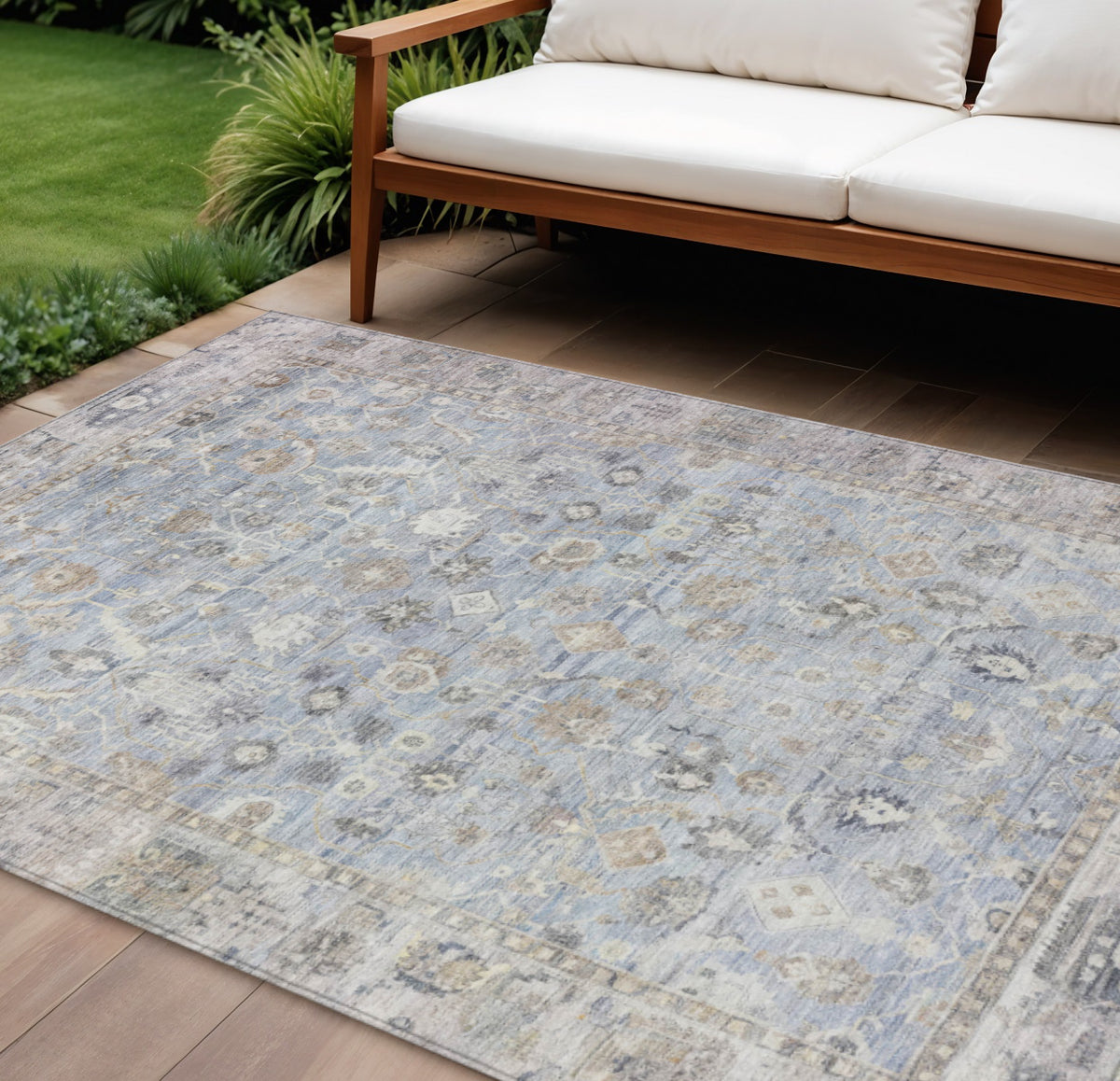 8 X 10 Sky Blue Brown And Ivory Oriental Washable Indoor Outdoor Area Rug