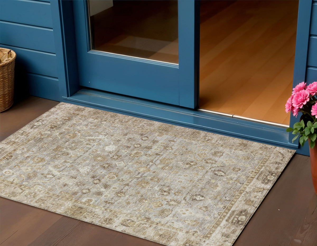 3 X 5 Taupe Brown And Ivory Oriental Washable Indoor Outdoor Area Rug