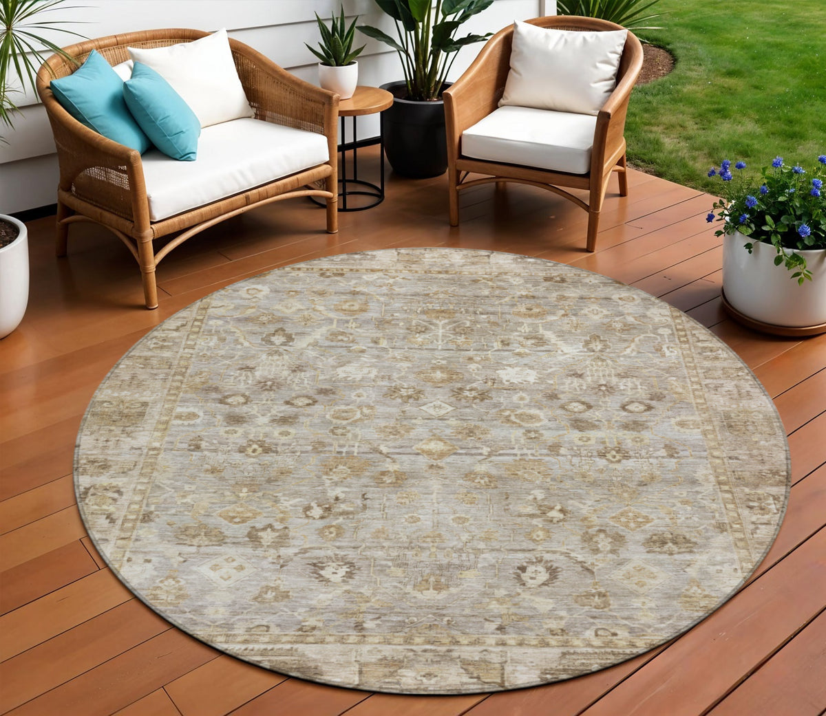 8 Taupe Brown And Ivory Round Oriental Washable Indoor Outdoor Area Rug