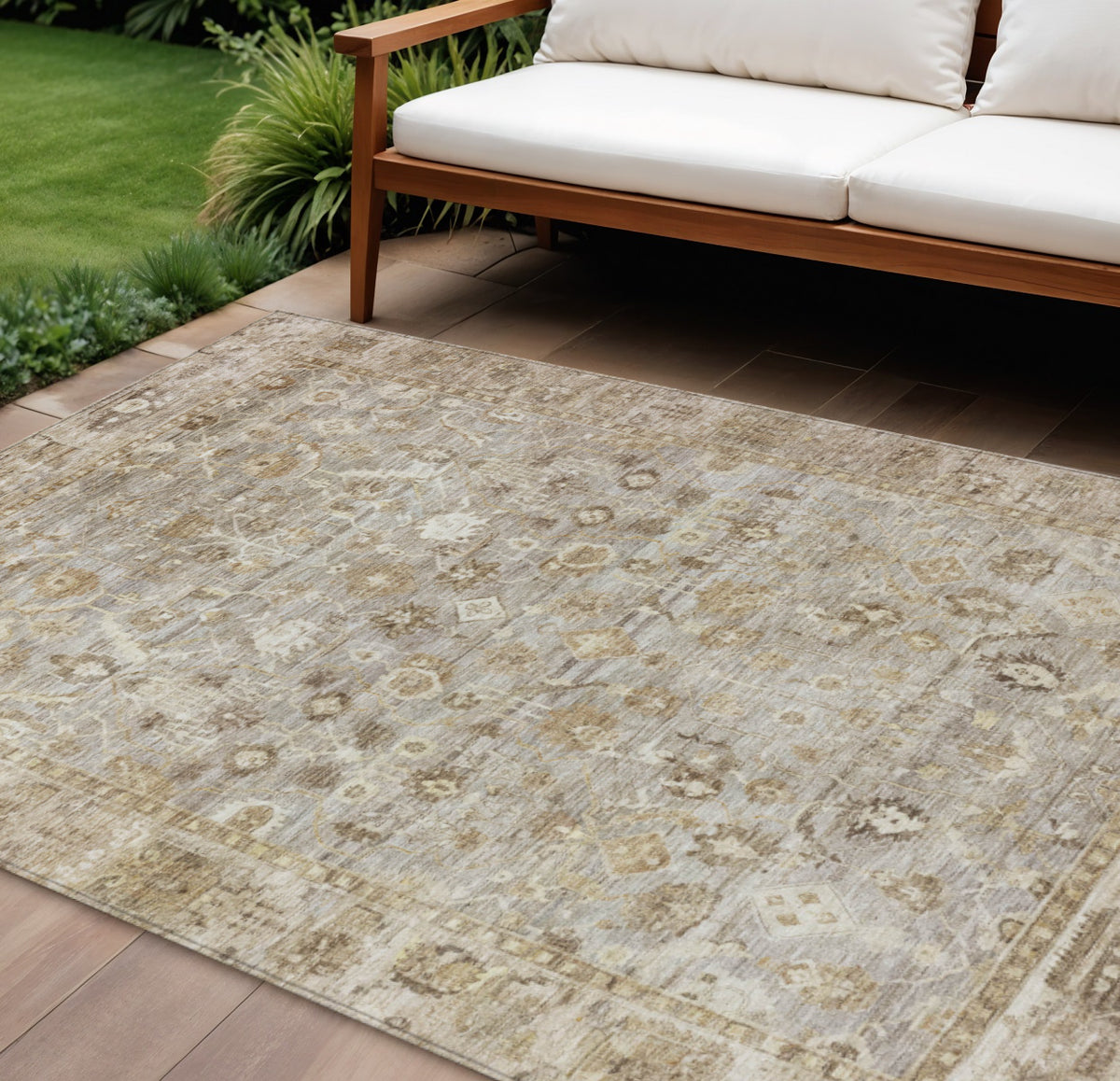 8 X 10 Taupe Brown And Ivory Oriental Washable Indoor Outdoor Area Rug