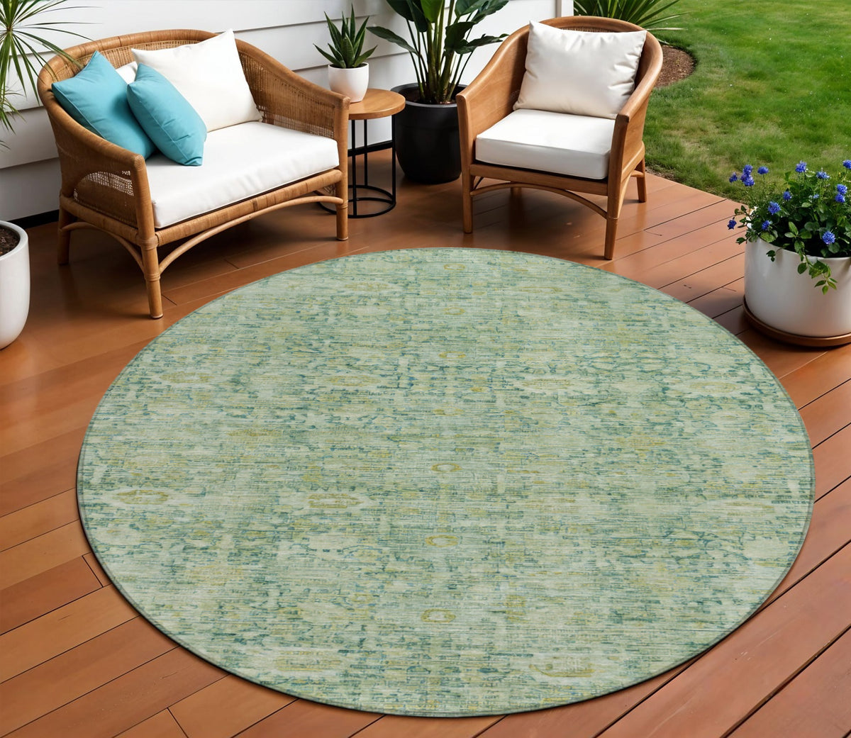 8 Artichoke Green And Teal Blue Round Oriental Washable Indoor Outdoor Area Rug