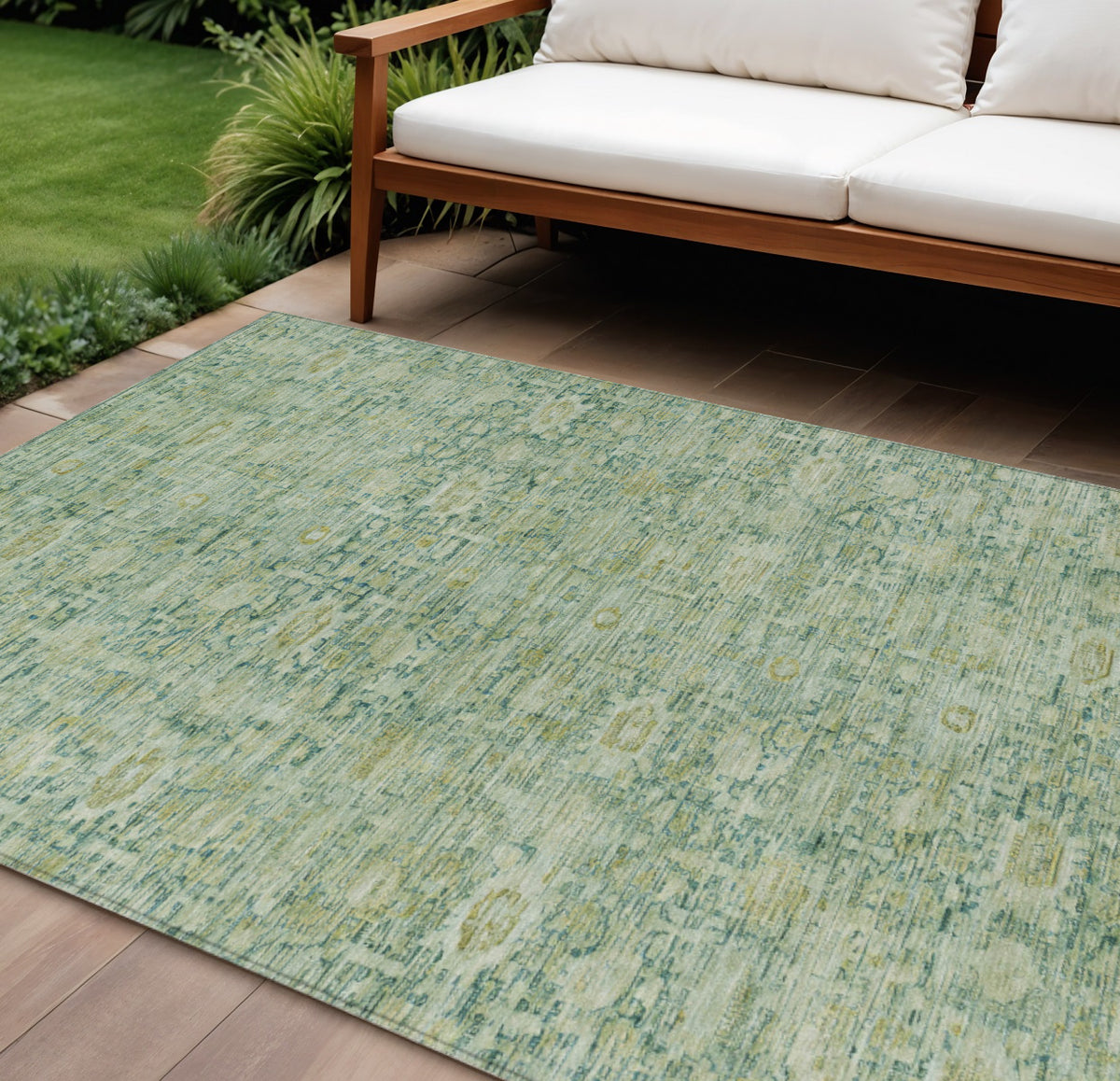 8 X 10 Artichoke Green And Teal Blue Oriental Washable Indoor Outdoor Area Rug