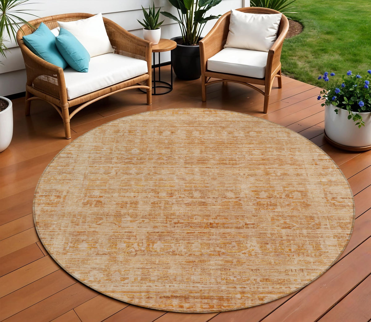 8 Coral And Peach Round Abstract Washable Indoor Outdoor Area Rug