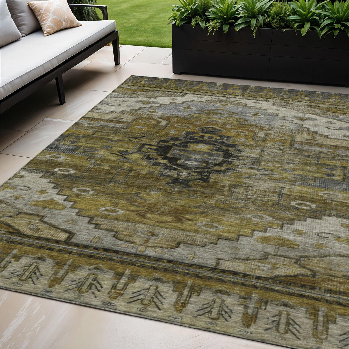 5 X 8 Brown Ivory And Gray Tribal Washable Indoor Outdoor Area Rug