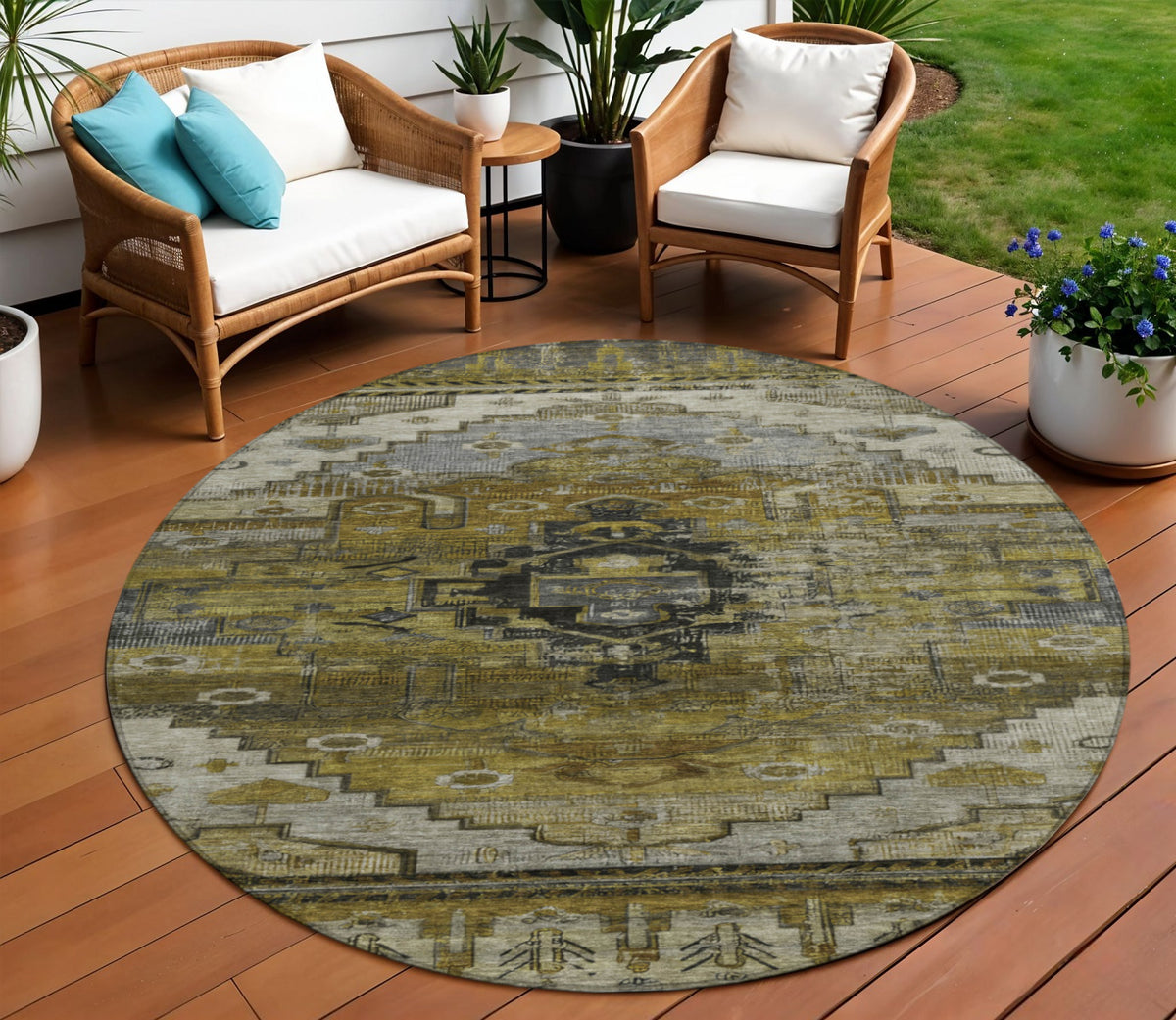 8 Brown Ivory And Gray Round Tribal Washable Indoor Outdoor Area Rug
