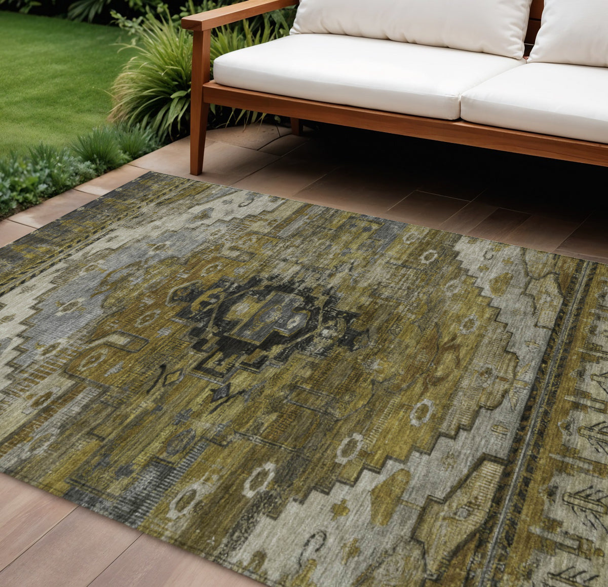 8 X 10 Brown Ivory And Gray Tribal Washable Indoor Outdoor Area Rug