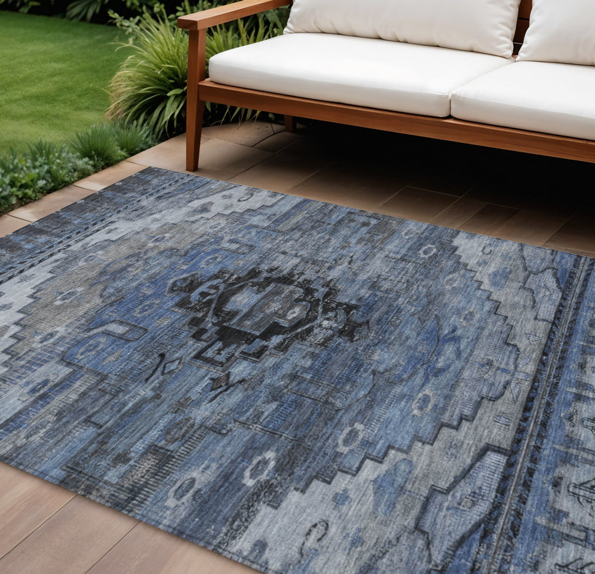 8 X 10 Blue Ivory And Gray Tribal Washable Indoor Outdoor Area Rug