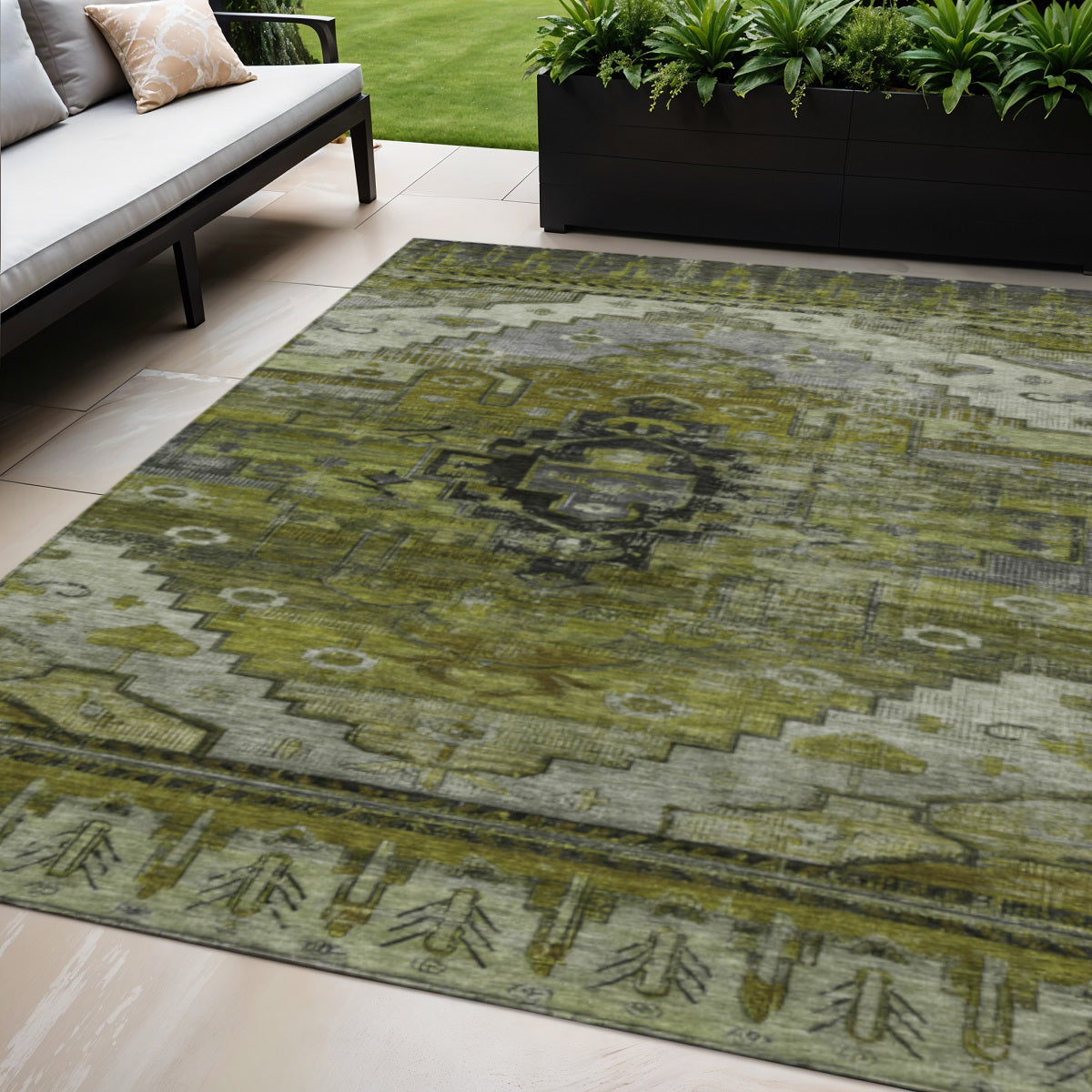 5 X 8 Olive Green Ivory And Gray Tribal Washable Indoor Outdoor Area Rug