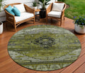 8 Olive Green Ivory And Gray Round Tribal Washable Indoor Outdoor Area Rug