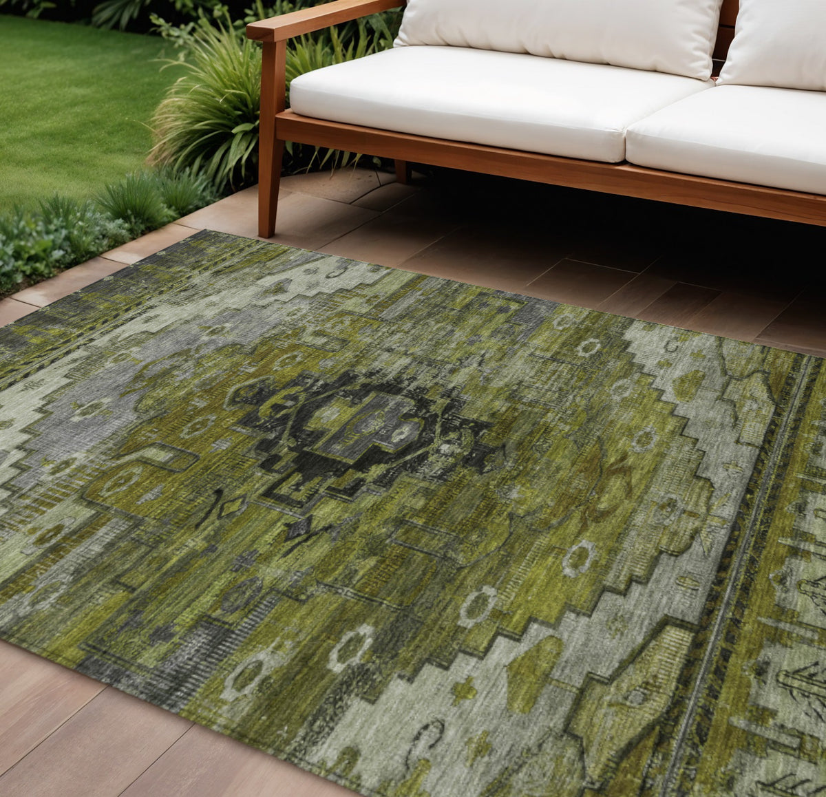 8 X 10 Olive Green Ivory And Gray Tribal Washable Indoor Outdoor Area Rug