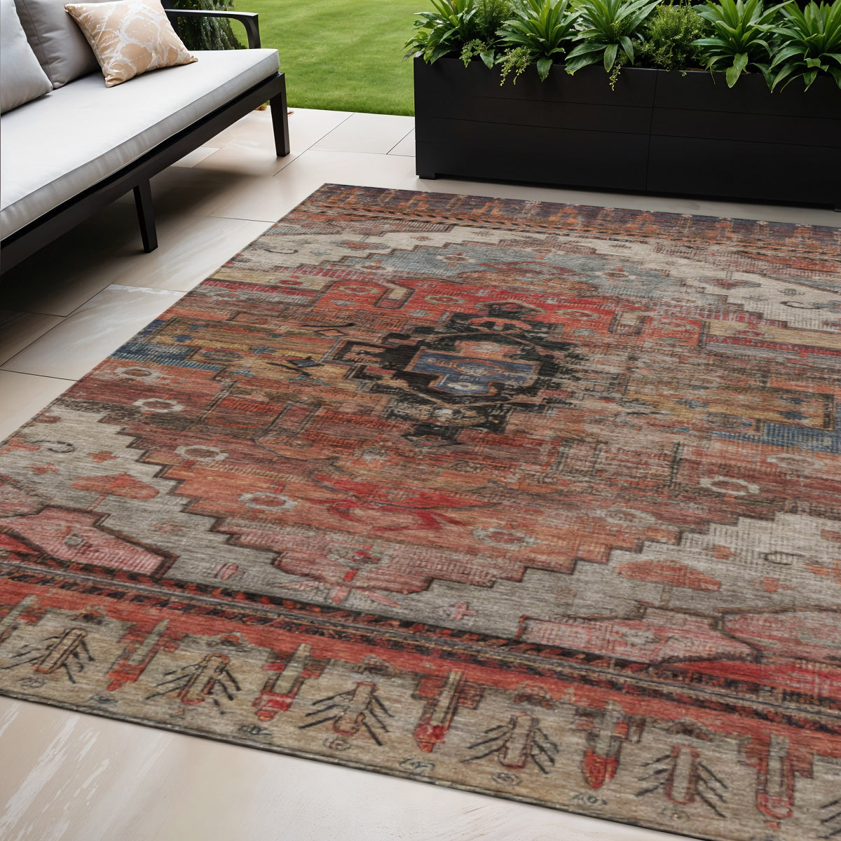 5 X 8 Rust Ivory And Gray Tribal Washable Indoor Outdoor Area Rug
