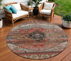 8 Rust Ivory And Gray Round Tribal Washable Indoor Outdoor Area Rug